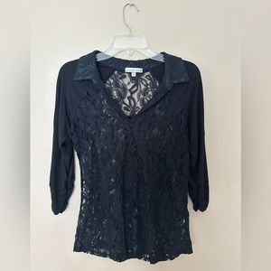 MOA MOA black lace sheer top with three quarter length sleeves. Size Small